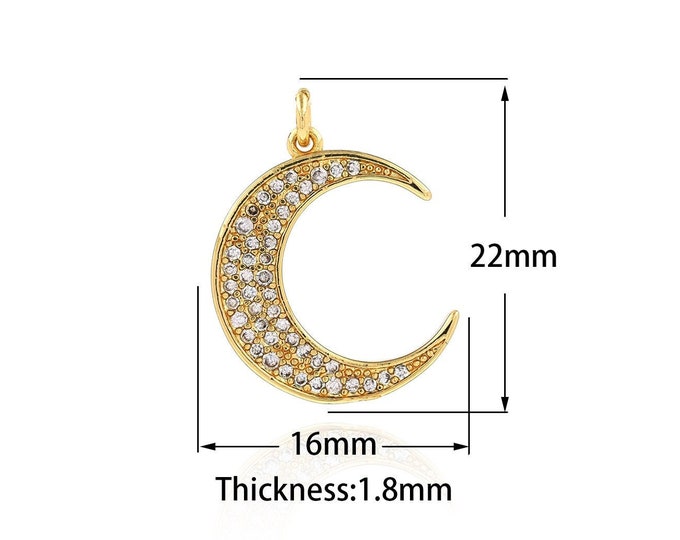 Crescent Necklace, 18K Gold Filled Moon Pendant,Micropavé CZ Crescent Charm, DIY Making Supplies 16x22x1.8mm