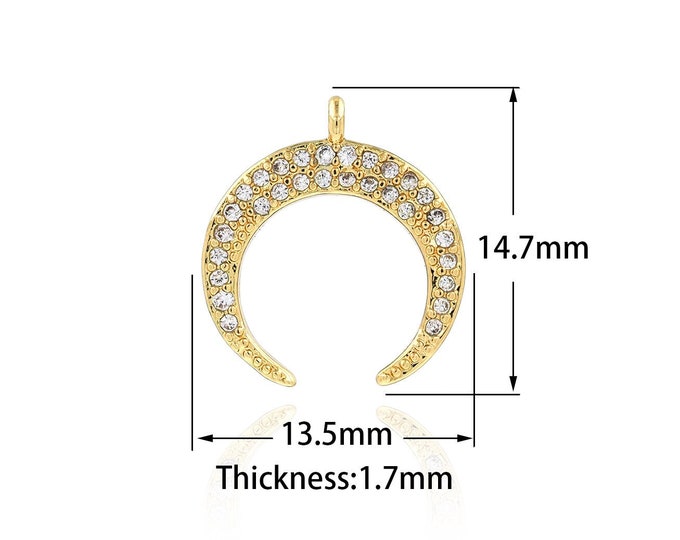 Crescent Necklace, 18K Gold Filled Moon Pendant,Micropavé CZ Crescent Charm, DIY Making Supplies 13.5x14.7x1.7mm