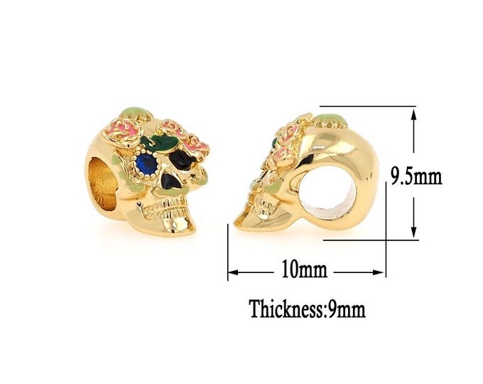 Gold Skull Spacer Beads Charms,18K Gold Skull Head Beads,CZ Skull Spacer Beads Bracelet Necklace for DIY Jewelry Making Supply