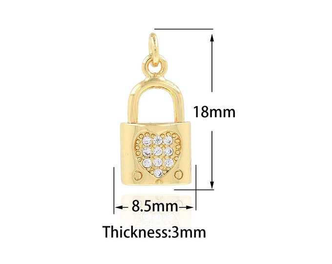 Gold Dainty Heart Charms,18K Gold Filled Heart Lock Pendant,CZ Heart Charm Bracelet Necklace for DIY Jewelry Making Supply,8.5x18x3mm