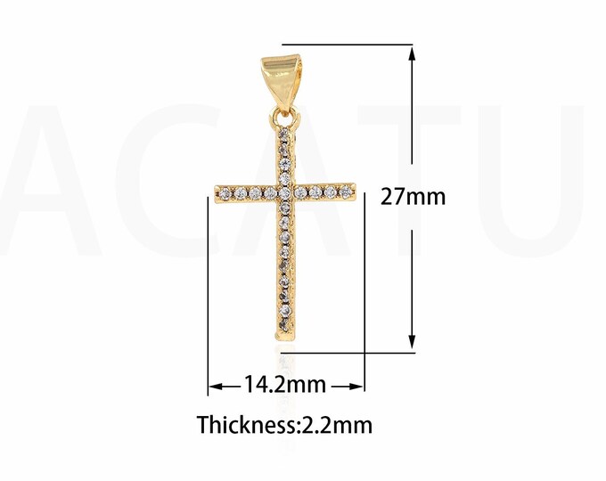 Cross Pendant, Micropavé CZ Religious Charm, 18K Gold Filled Cross Charm, Christian Charm, DIY Jewelry Supplies, 27x14.2x2.2mm