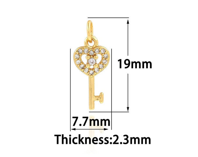 Key Pendant,Gold Dainty Key Charms,18K Gold Filled Simple pendant Bracelet Necklace for DIY Jewelry Making Supply,7.7x19x2.3mm
