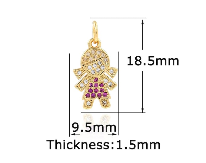 Tiny Girl Pendant,Gold Dainty CZ Girl Charms,18K Gold Filled Girl Charm Bracelet Necklace for DIY Jewelry Making Supply,9.5x18.5x1.5mm