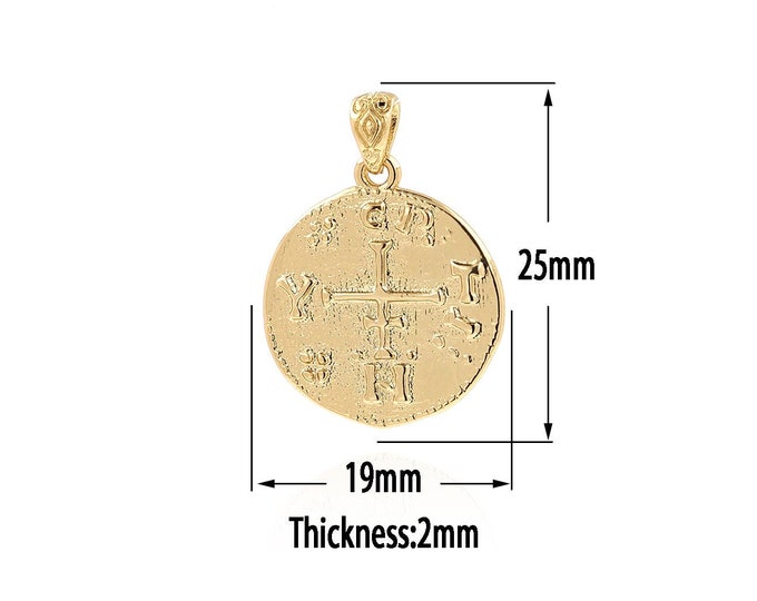 18K Gold Filled Cross Pendant,Gold  Dainty Coin Charms, Round Charm Bracelet Necklace for DIY Jewelry Making Supply