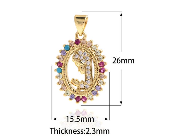 18K Gold Filled Figure Pendant, Coin Necklace,Micropavé CZ Figure Charm,Mama Pendant,Enamel Charms,DIY Jewelry Supplies,