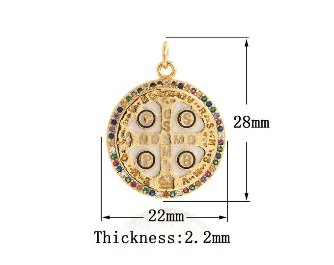 CSSML Benedictine Gold medal Charm,18K Gold Filled Saint Benedict Cross Charm, Micropavé CZ Round Pendant,28x22x2.2mm