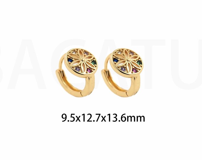 1Pair Signet Earrings,MicroPave CZ Flower Earrings Diamond Hoop Earrings,18K Gold-Filled Disc Earrings 9.5x12.7x13.6mm