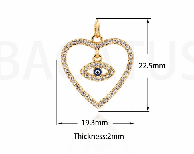 18K Gold Filled Dainty Eye Charm, Heart Necklace, Love Charm, Micropavé CZ Eye Pendant, Love Necklace, DIY Jewelry Supplies, 19.3x22.5x2mm