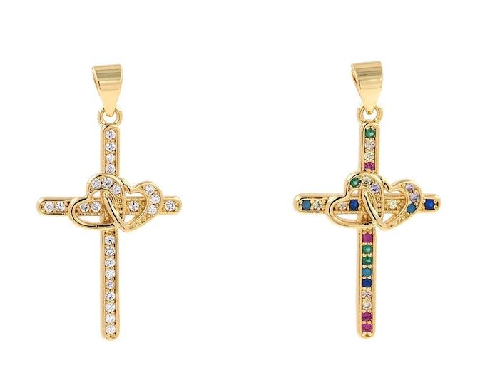 Heart Cross Pendant, Religious Charm, Micropavé CZ Love Charm, 18K Gold Filled Cross Pendant, DIY Jewelry Supplies, 33.3x17.4x2.5mm