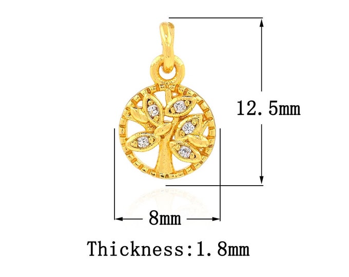 18K Gold Filled Tree of Life Pendant,Gold Dainty CZ Round Charms,Tree Charm Bracelet Necklace for DIY Jewelry Making Supply