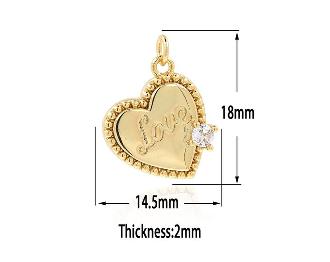 18K Gold Filled Heart Pendant,Gold Love Heart Charms,CZ Heart Charm Bracelet Necklace for DIY Jewelry Making Supply