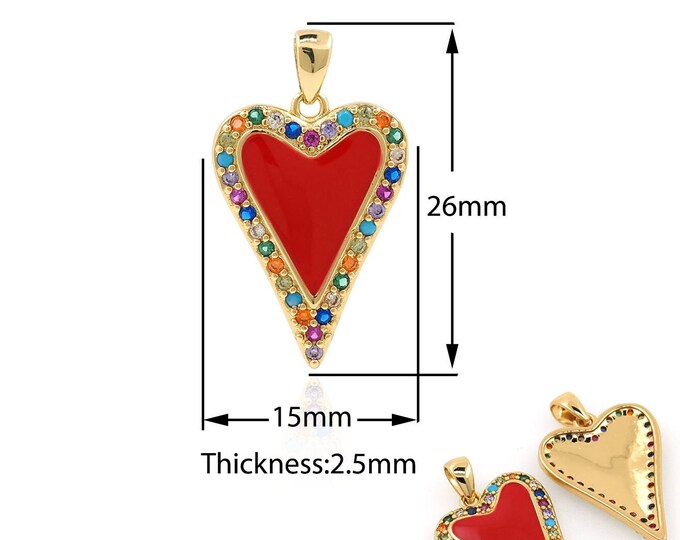 Enamel Heart Pendant, 18K Gold Filled Enamel Charm, Love Necklace, Micropavé CZ Heart Charm, DIY Jewelry Supplies, 26x15x2.5mm