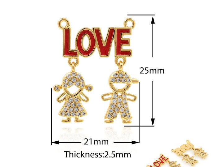 Couple Pendant, Enamel Charm, 18K Gold Filled Kids Pendant, Micropavé CZ LOVE Pendant, DIY Jewelry Supplies, 25x21x2.5mm