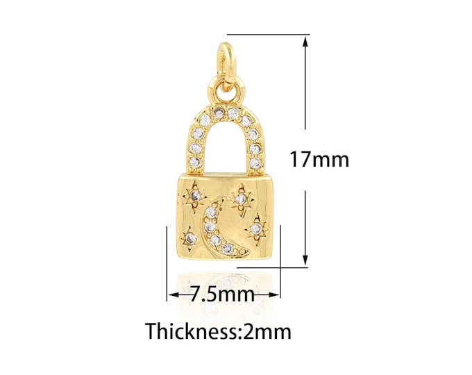 Micropavé CZ Lock Pendant, Mini Lock Necklace, Lock Charm, Love Lock Pendant, Suitable For Jewelry Making Articles 7.5x17x2mm