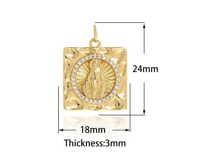 18K Gold Filled Virgin Mary Pendant,Gold Dainty Religion Charms,CZ Square Charm Bracelet Necklace for DIY Jewelry Making Supply