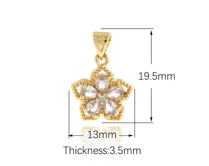 Flower Pendant, Micropavé CZ Plant Necklace, 18K Gold Filled Flower Charm, Plant Charm, DIY Jewelry Supplies, 19.5x13x3.5mm