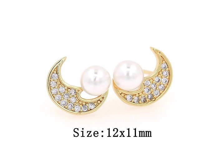 18K Gold Filled CZ Moon Stud Earrings,Gold Pearl Stud Earrings,Moon Stud Earrings,Gift for Her