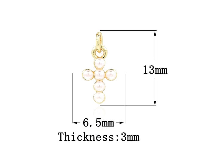 18K Gold Filled Cross Pendant,Gold Dainty Religion Charms,Pearl Charm Bracelet Necklace for DIY Jewelry Making Supply