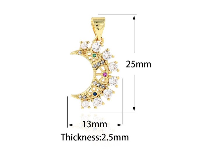 Crescent Necklace, 18K Gold Filled Moon Pendant,Micropavé CZ Crescent Charm, DIY Making Supplies 13x25x2.5mm