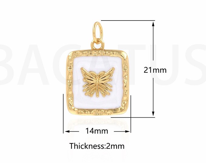 1PCS Square Enamel Butterfly Pendant, Enamel Charm, Animal Charm, Butterfly Charm, Butterfly Necklace  14x21x2mm