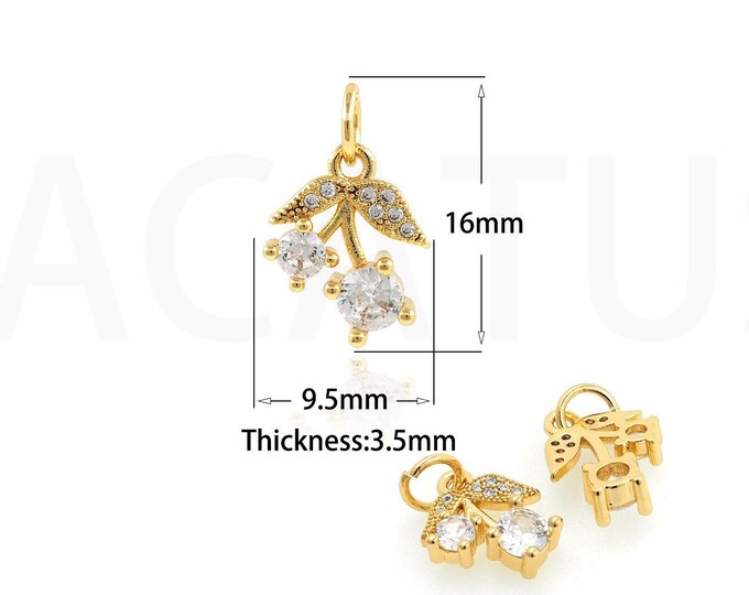 18K Gold Filled Cherry Pendant,Gold Dainty CZ Cherry Charms,Simple Charm Bracelet Necklace for DIY Jewelry Making Supply