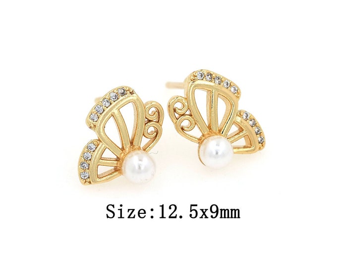 18K Gold Filled CZ Butterfly Stud Earrings,Gold Pearl Stud Earrings,Butterfly Stud Earrings,Gift for Her