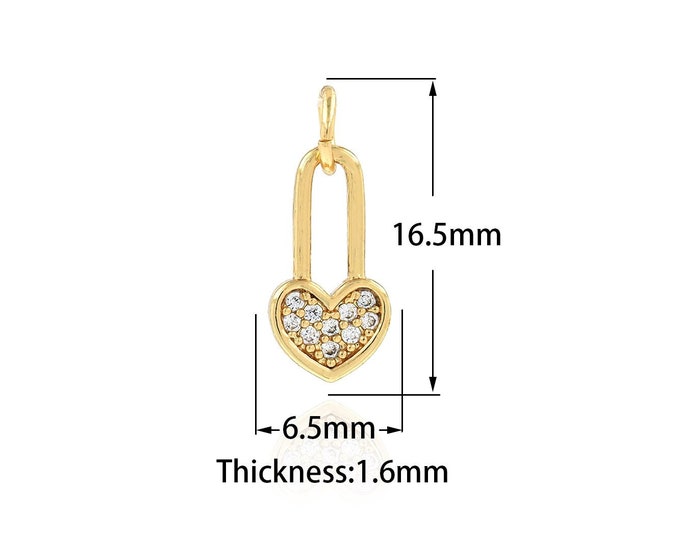 Gold Dainty Heart Charms,18K Gold Filled Heart Lock Pendant,CZ Heart Charm Bracelet Necklace for DIY Jewelry Making Supply,6.5x16.5x1.6mm