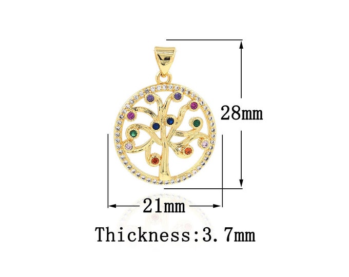 18K Gold Filled CZ Tree of Life Pendant,Gold Dainty Tree Charms,Round Charm Bracelet Necklace for DIY Jewelry Making Supply