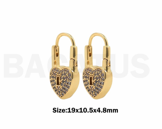 Lock Earrings, Heart Earrings, 18K Gold Filled Lock Charm, Micropavé CZ Dainty Earrings, Modern Earrings,DIY Jewelry Supplies, 19x10.5x4.8mm