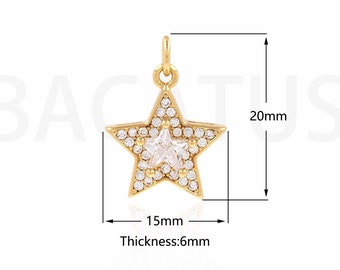 1 Uds. Colgante celestial relleno de oro de 18 quilates, colgante de estrella de la suerte, colgante de estrella de circonita cúbica Micro-Pave, collar de estrella, abalorio de estrella 15x20x6mm