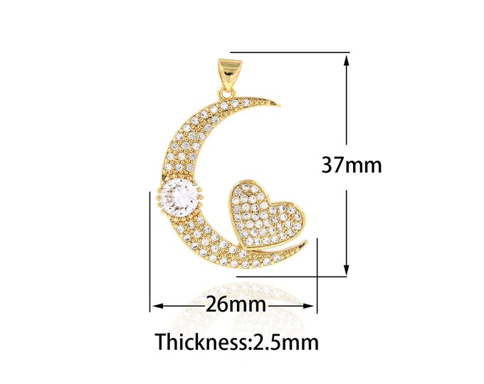 Heart Pendant 18K Gold Filled Crescent Necklace, Micropavé CZ Moon Charm,Star Moon Pendant,Star Moon Necklace