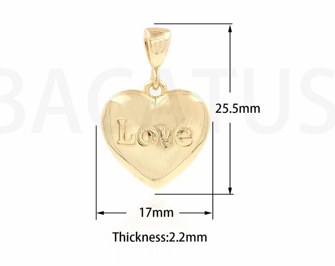 Heart Pendant, Puffed Heart Charm, 18K Gold Filled Love Necklace, Word Love Necklace, Text Charm, DIY Jewelry Supplies, 17x25.5x2.2mm