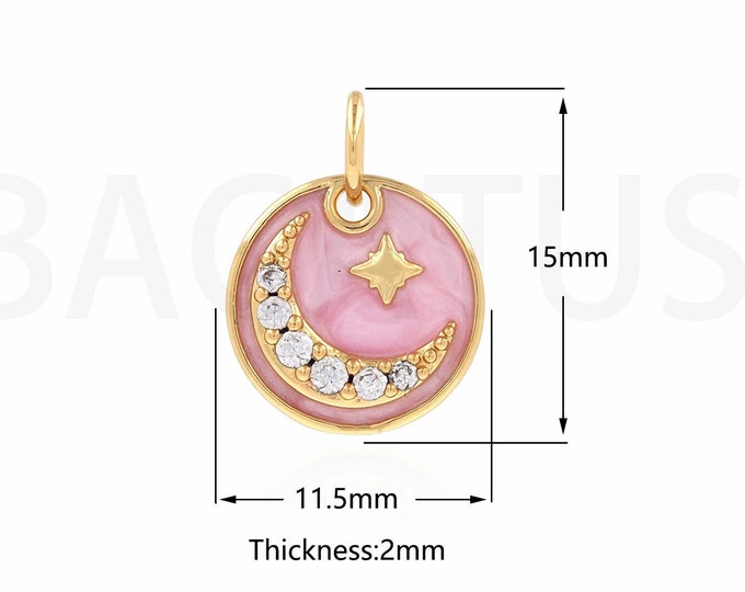 1 Pcs,Pink Enamel CZ Pendant, Round Pendant,18K Gold Filled Enamel Necklace,Crescent Pendant,Moon Jewelry,DIY Jewelry Making,11.5x15x2mm