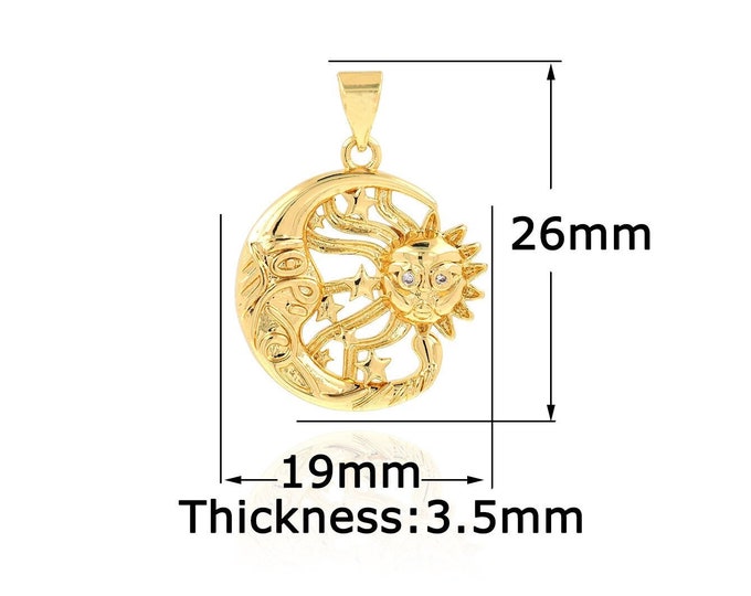 Micropavé CZ Sun Moon Necklace, Sun Moon Charm, Sun Pendant, Moon Pendant, Celestial Pendant, Bracelet Necklace Making Supplies,19x26x3.5mm