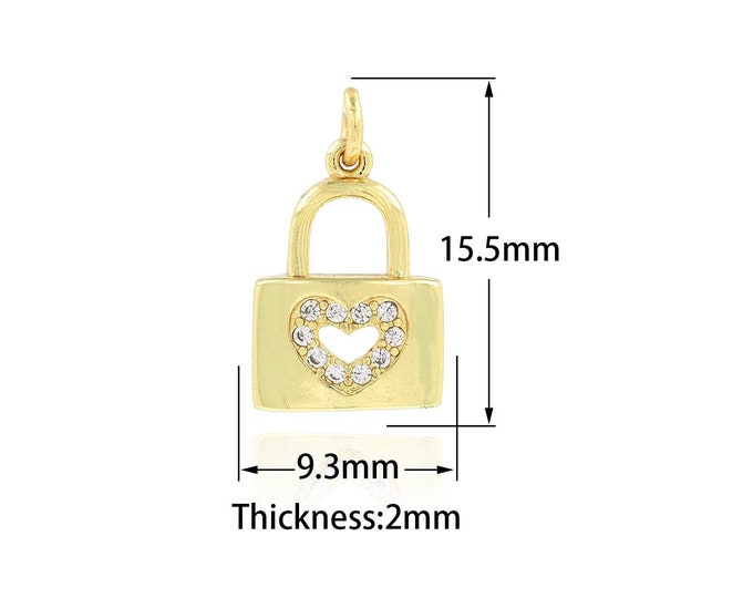 18K Gold Filled Heart Lock Pendant,Gold Dainty Heart Charms,CZ Heart Charm Bracelet Necklace for DIY Jewelry Making Supply,9.3x15.5x2mm