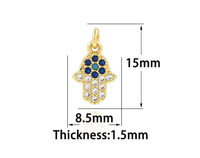 MicroPave CZ Hamsa Pendant,18K Gold Filled Tiny Hamsa Necklace and Bracelet,Jewelry Supplies 8.5x15x1.5mm