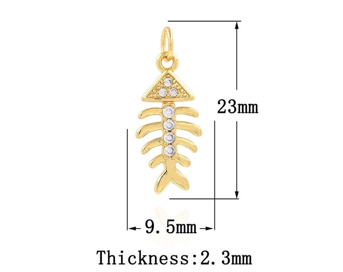 18K Gold Filled Fish Bone Pendant,Gold Dainty Fish Bone Charms,CZ  Fish Bone Charm Bracelet Necklace for DIY Jewelry Making Supply