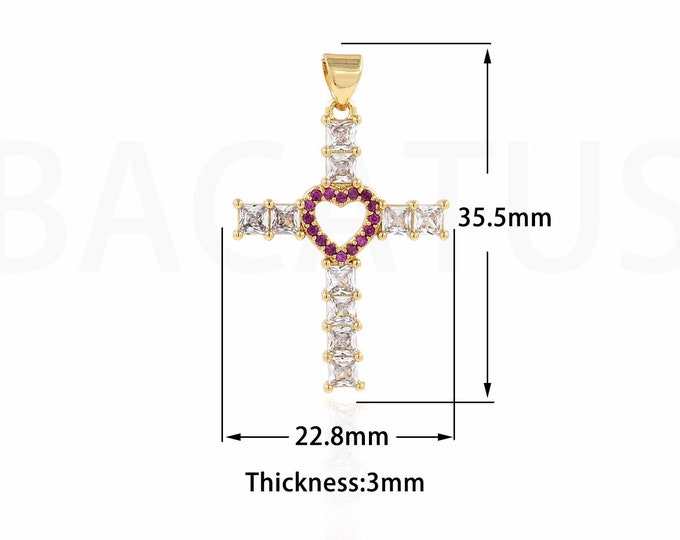 Micropavé CZ Love Charm, Heart Cross Pendant, Religious Charm, 18K Gold Filled Cross Pendant, DIY Jewelry Supplies, 35.5x22.8x3mm