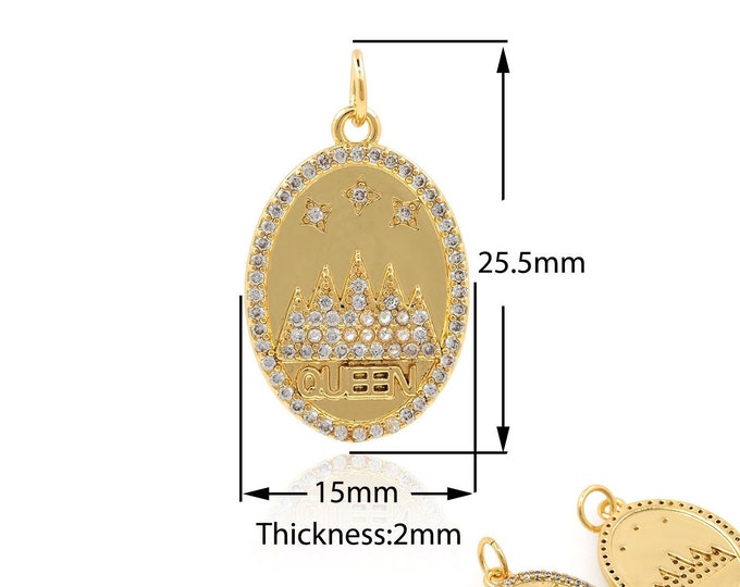 Queen Pendant, Oval Necklace, 18K Gold Filled Oval Charm, Micropavé CZ Queen Necklace, Queen Charm, DIY Jewelry Supplies, 25.5x15x2mm