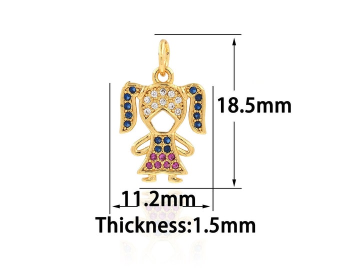 Gold Dainty CZ Girl Charms,18K Gold Filled Tiny Girl Pendant,Girl Charm Bracelet Necklace for DIY Jewelry Making Supply,11.2x18.5x1.5mm