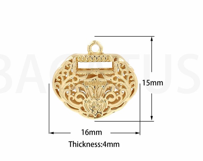 Ping An Lock Pendant, 18K Gold Filled Lock Charm, Chinese Lock Necklace, Micropavé CZ Ping An Lock Charm, DIY Jewelry Supplies, 15x16x4mm