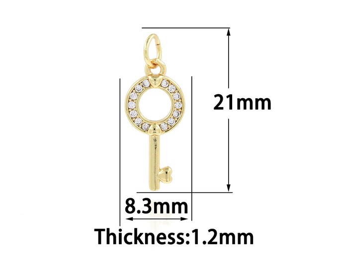 18K Gold Filled Simple pendant Micropavé CZ Key Pendant,Gold Dainty Key Charms,Bracelet Necklace for DIY Jewelry Making Supply,8.3x21x1.2mm