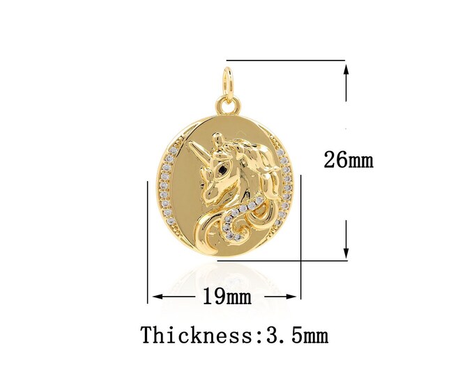 18K Gold Filled Unicorn pendant,Gold Round Charms,Unicorn Charm Bracelet Necklace for DIY Jewelry Making Supply