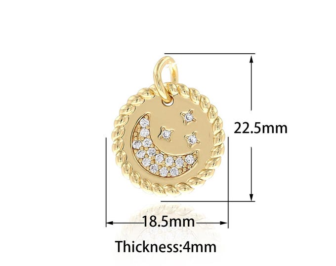 Universe Pendant 18K Gold Filled Moon Charm Micropavé CZ Round Charms Moon Jewelry, DIY Jewelry Supplies