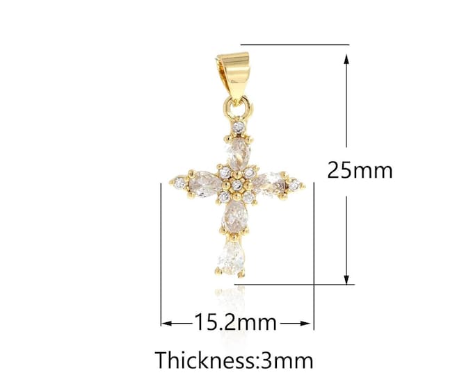 Cross Pendant, Micropavé CZ Religious Charm, 18K Gold Filled Cross Charm, DIY Jewelry Supplies,