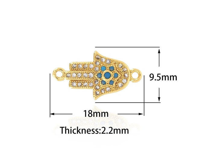 18K Gold Filled Fatima Connector,Gold Dainty CZ Hamsa Connector,Hand Connector Bracelet Necklace for DIY Jewelry Making Supply