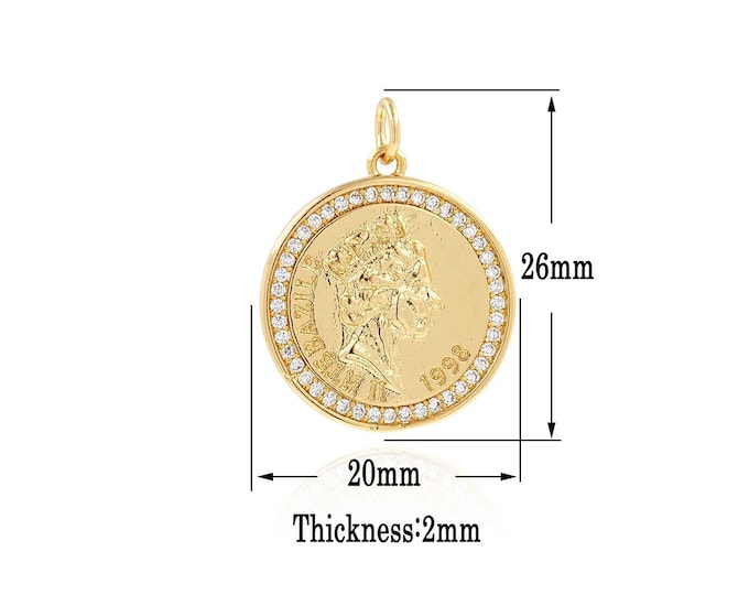 Gold Portraits Charms,18K Gold Filled king Pendant,CZ Round Charm Bracelet Necklace for DIY Jewelry Making Supply