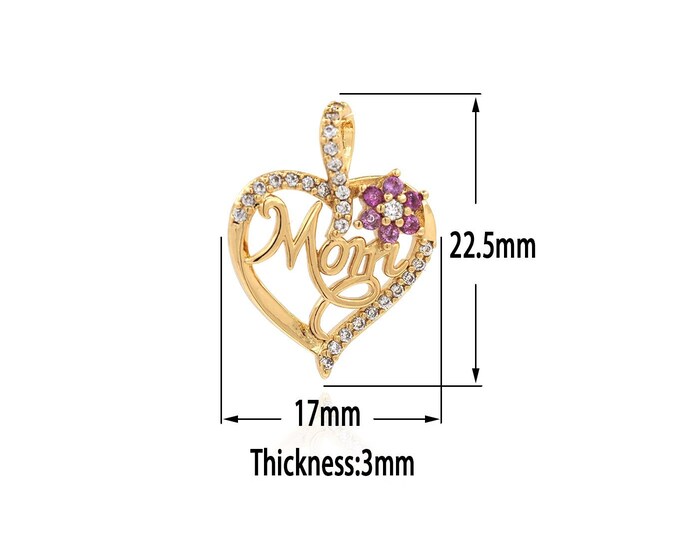 18K Gold Filled Heart Pendant,Gold Mom Heart Charms,CZ Heart Charm Bracelet Necklace for DIY Jewelry Making Supply