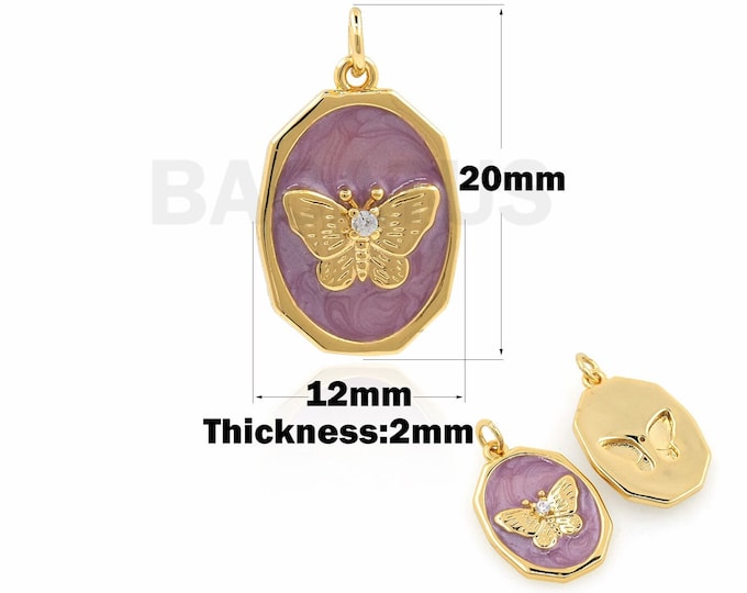 18K Gold Filled Enamel Butterfly Pendant, Butterfly Charm, Enamel Charm, Micropavé CZ Oval Pendant, DIY Jewelry Accessories, 20x12x2mm