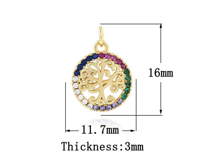 18K Gold Filled Tree of Life Pendant,Gold Dainty CZ Round Charms,Tree Charm Bracelet Necklace for DIY Jewelry Making Supply